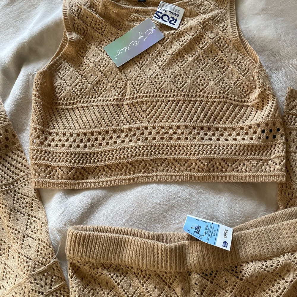 Tan Crochet Women Sweater Set